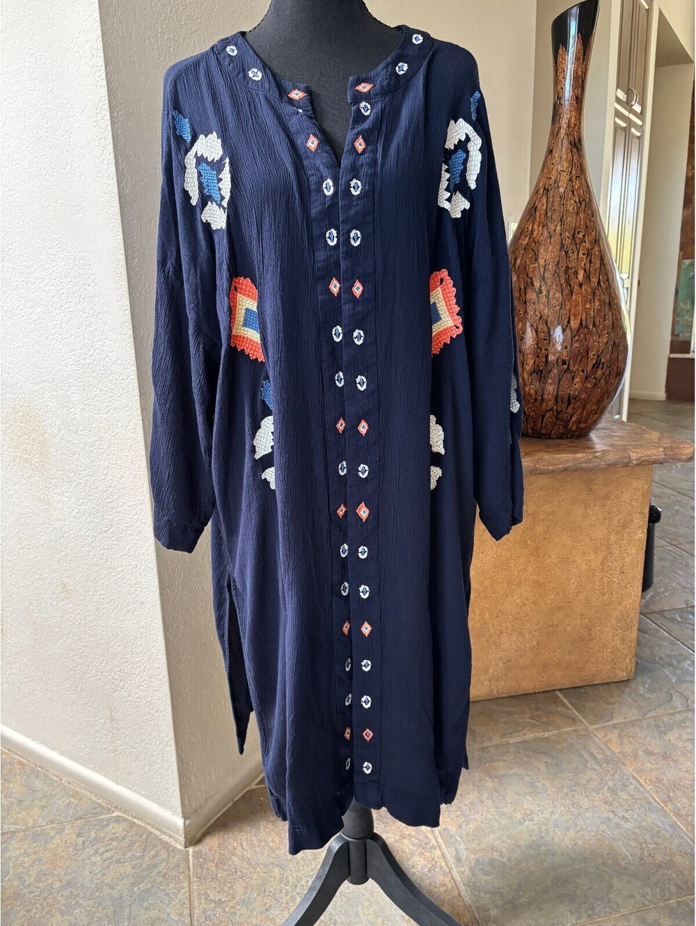 Chicos Bohemian Embroidered Navy Blue Long Sleeve Kimono Duster L/XL